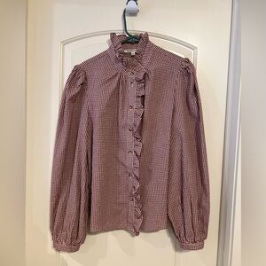 Sezane dupe—Burgundy gingham long sleeve blouse with flattering ruffle detail